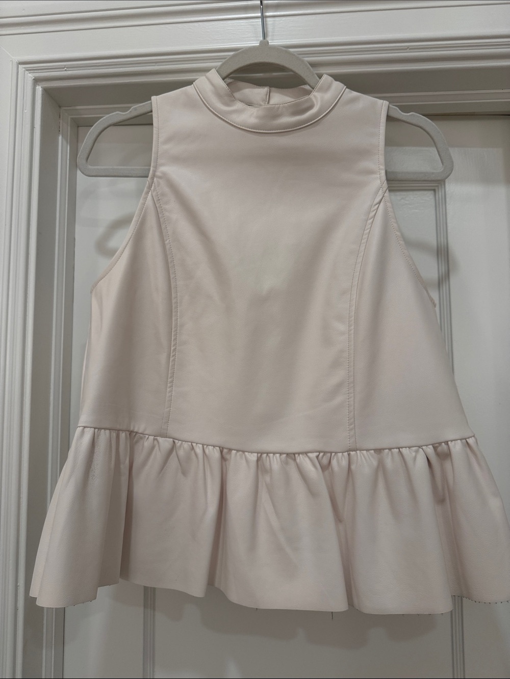 Fate Cream High-Neck Peplum Faux Leather Sleeveless Shirt